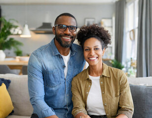 Wall Mural - portrait of a 40 year old couple afro black in their home sofa