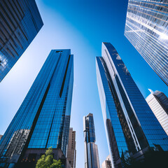 Poster - Modern skyscrapers against a clear blue sky. 