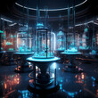 Sci-fi laboratory with glowing test tubes. 