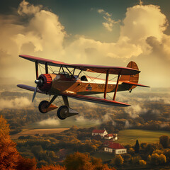 Sticker - Vintage biplane flying over a countryside. 