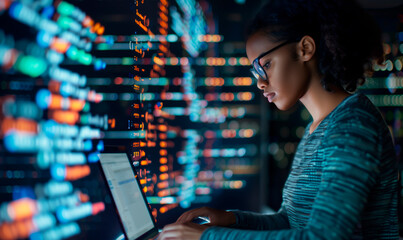 Focused female programmer coding on laptop with data analytics interface backdrop.
