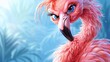   A pink flamingo with blue eyes and a feathery tail stands before a blue backdrop