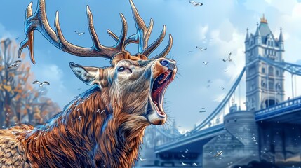 Poster -   A painting of a deer with its mouth open, gazing at a bridge, as birds fly around it