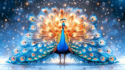 Poster -   A peacock, poised before a blue backdrop, displays an extravagant spread of its vibrant feathers