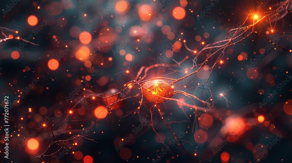 A close up of a brain with many neurons and a red glowing spot. The ...