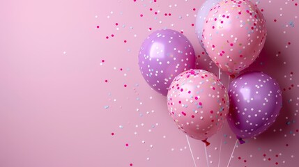 Canvas Print -   Pink and purple balloons against a pink backdrop, adorned with confetti sprinkles