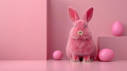 Wall Mural -   A pink bunny atop a pink floor, surrounded by pink balls and a block of pink paper