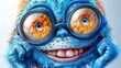  A tight shot of a blue monster with enormous orange eyes and goggles on its face