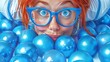   A child, up close, gazes at blue balls in front of her face, wearing glasses on her head