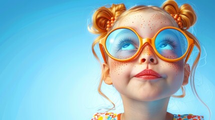 Sticker -   A tight shot of a child in glasses, her sun-kissed hair peppered with freckles, topped with a bow also adorned with freckles