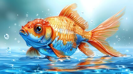   A goldfish swims in a blue pool, surrounded by bubbles at the water's bottom