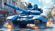   A group of people ride atop a blue-and-white tank on a city street, surrounded by towering buildings