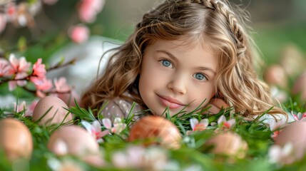   A little girl lies in the grass, holding some eggs before her Behind her is a bunch of flowers