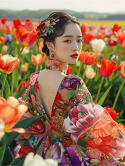 Wall Mural - Asian woman with white skin in elegant lace dress standing in a field of tulips.