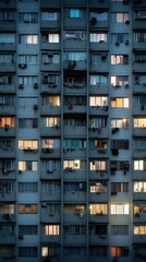 Grey apartment building with numerous windows.