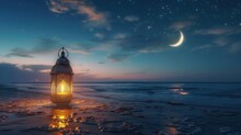 A Poster Image Featuring A Beautiful Lantern Lamp On The Beach With A Crescent Moon In The Night