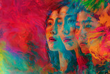 Fototapeta  - superposition en fondu, moderne et coloré, de 3 visages de femmes asiatiques ou des îles du pacifique. Fond abstrait coloré avec espace négatif copy space. Journée de la femme 8 mars