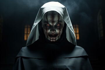 Wall Mural - Sinister Nun creepy evil portrait. Ghost sister. Generate Ai