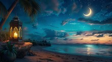 A Beautiful Image Of A Lantern Lamp On The Beach With A Crescent Moon In The Night Sky, Featuring A
