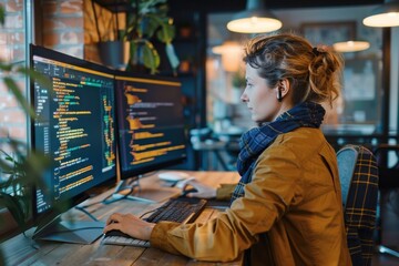 Focused female software developer coding on multiple computer screens in the office.