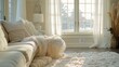 Bright, cozy living room with white sofa, fluffy pillows, shag rug, and large windows letting in ample sunlight. Tranquil ambiance.