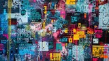 Fototapeta  - Colorful graffiti wall with a mix of abstract patterns, geometric shapes, and obscured text, creating a vibrant urban art piece.