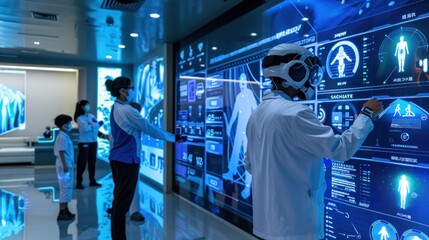 researchers in a high-tech control room analyzing data on futuristic interactive touch screens with 