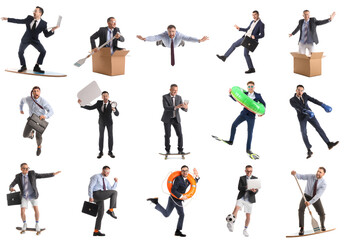 Wall Mural - Collage of funny businessmen on white background