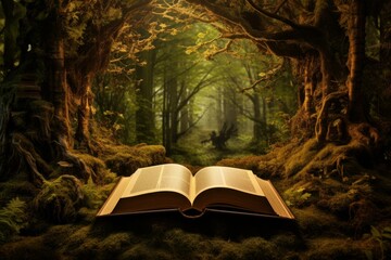 Wall Mural - Serene Open magic book forest. Old art. Generate Ai