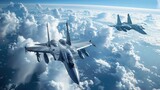 Fototapeta  - Two fighter jets soaring through the sky above clouds in high-speed combat maneuvers