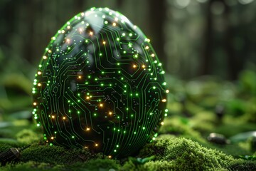 Wall Mural - Art egg with circuit board texture on an easter card in a technology style. Modern illustration in EPS10.