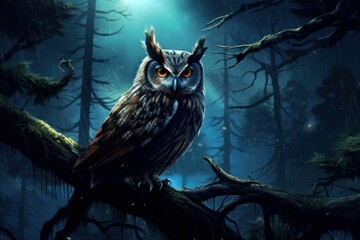 Peaceful Owl forest bird night. Prey raptor. Generate Ai