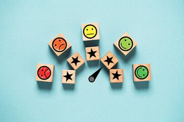 Poster - Customer evaluation indicator rating print screen wooden cube block since low to high on blue background for client satisfaction and feedback survey after use product and service  concept.