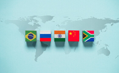 Wall Mural - Brazil Russia India China and South Africa flag on world map for BRICS economic business international cooperation concept.