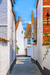 Beguinage Courtrai, Begijnhof van Kortrijk, white houses on narrow paving stone street in historical city centre, vertical view, Flemish Beguinages, West Flanders province, Flemish Region, Belgium