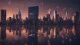 Fototapeta  - Generative AI. skyscrapers illuminated at dusk, New York skyline. IT building, IT hub, Business hub, media city, metropolitan town.  