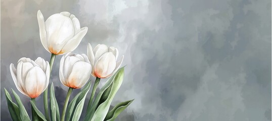 Wall Mural - Watercolor painting of white tulips positioned on the left side of the image, with a light gray background.
