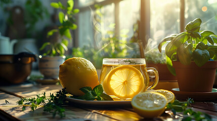 Wall Mural - Two glass cups with fresh lemon and ginger tea on kitchen table with ginger root, herbs and kitchen utensils at window background. Healthy homemade tea with vitamin c in wintertime. Front view.