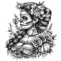 Wall Mural - Image of a girl with a sugar skull, flowers. Icon for Mexican events.