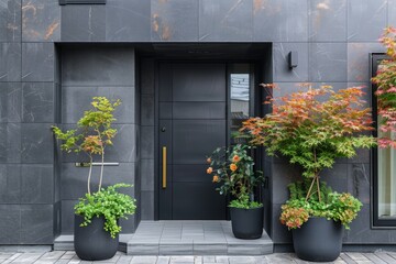 Contemporary black front entry door with lush greenery on modern building facade