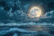 Full blue moon rising over tranquil sea at night with cloudy sky and serene water
