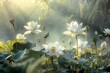 : A tranquil, abstract lotus garden, blossoming in the soothing light, unfolding the intricacies of a delicate and natural harmony.