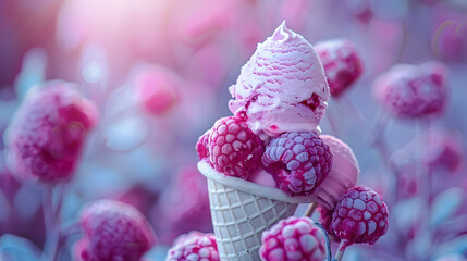 strawberry, vanilla, chocolate ice cream woth waffle cone on marble stone backgrounds