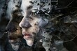 A womans face is covered in shards of broken glass, creating a disturbing and unsettling image