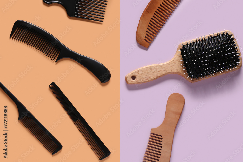 Hair brush and combs on color background