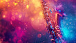International jazz day and World Jazz festival banner with saxophon on splashing abstract colorful dust 