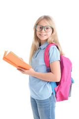 Poster - Cute schoolgirl with pink backpack and book on white background