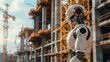 A robotic machine stands in front of an active construction site, observing the ongoing work, Artificial intelligence supervising a construction site