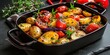 Seasonal vegan meal with rustic oven baked vegetables in a black dish on a gray stone background including potatoes tomatoes and peppers, Generative AI 