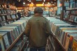 A shopper browsing through racks of vintage vinyl records in a retro store